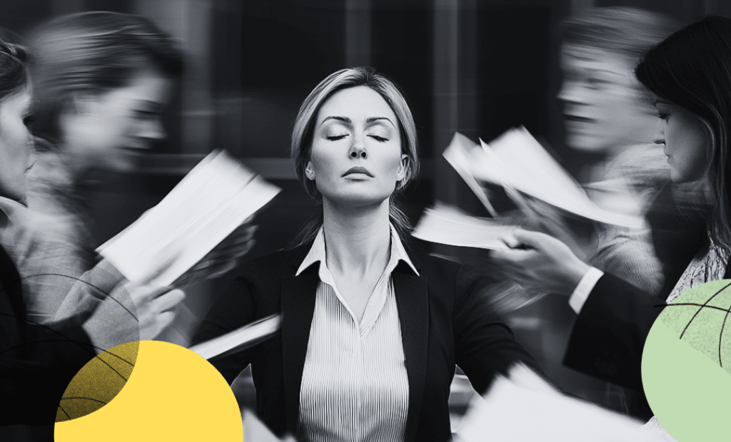 femme sereine en milieu de travail stressant, pratiquant le lâcher-prise.